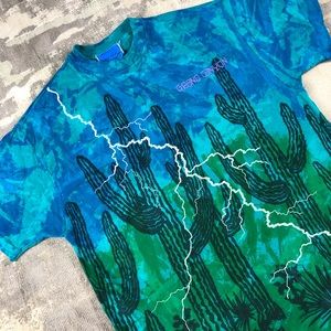Vintage 90s RARE hand painted and dyed Blue and Green Cactus Tee Grand Canyon